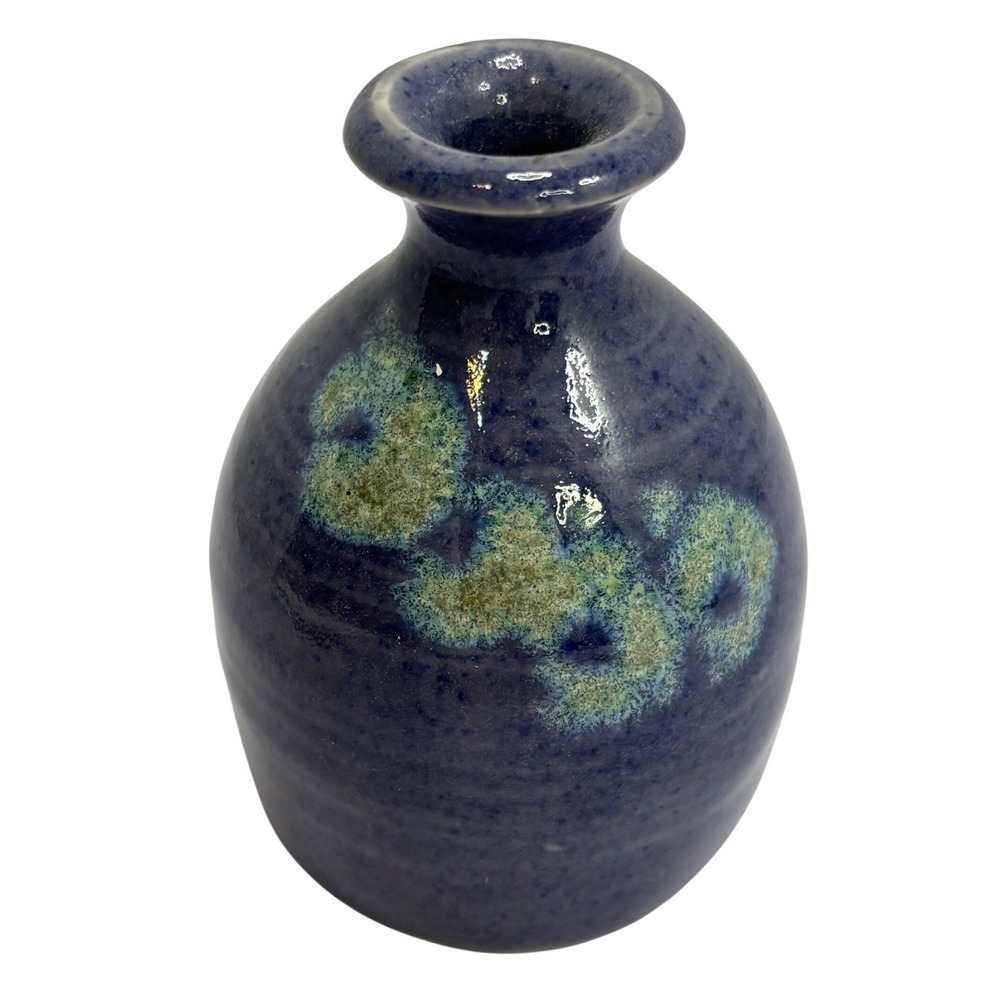 Signed Studio Art Pottery Bud Vase Cobalt Blue Green Glaze Hand Thrown 4"